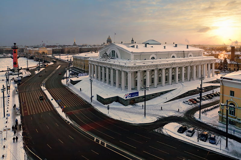 Winter view of the Stock Exchange Building in St Petersburg, Russia