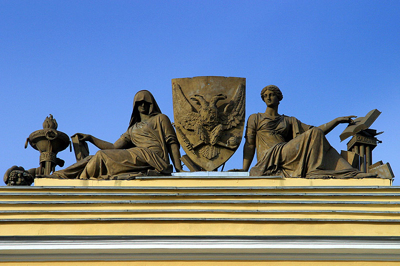 Statues of Justice and Virtue on the Senate and Synod Building in St Petersburg, Russia