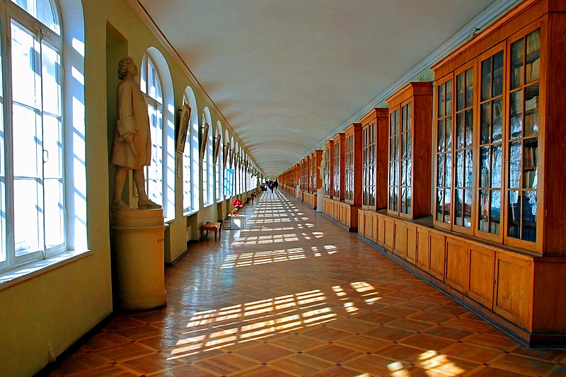 Famous long corridor of St. Petersburg State University in St Petersburg, Russia