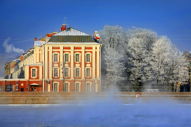 Facade of the Twelve Colleges Building facing the Neva River in St Petersburg, Russia