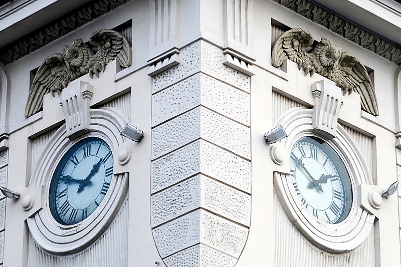 Clock on the tower of Vitebsk Railway Station in St Petersburg, Russia