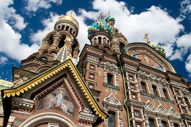 Elaborate facade of the Church of Our Savior on the Spilled Blood in St Petersburg, Russia