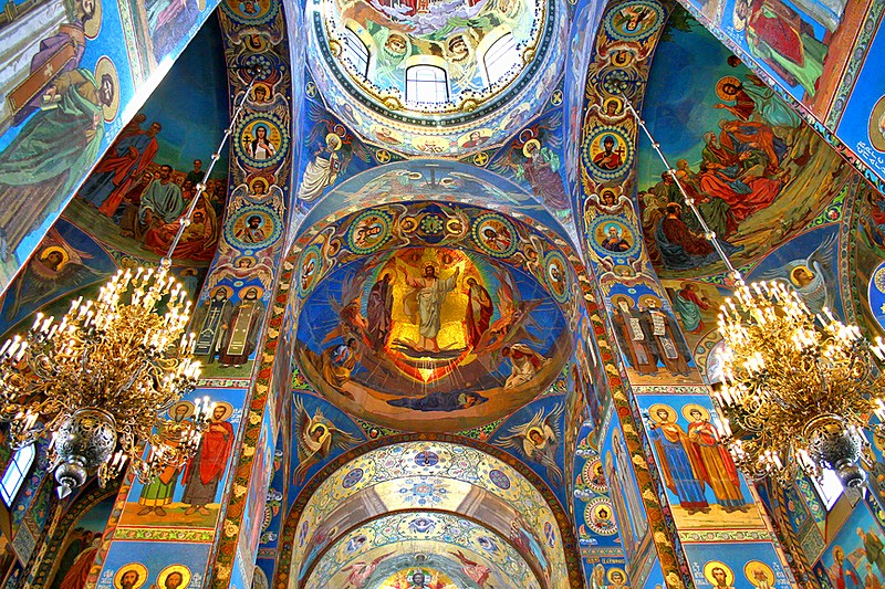 View of the interiors at Church of Our Savior on the Spilled Blood in St Petersburg, Russia