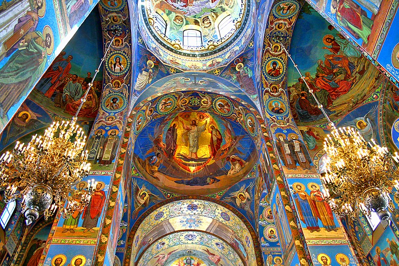 View of the interiors at Church of Our Savior on the Spilled Blood in St Petersburg, Russia 