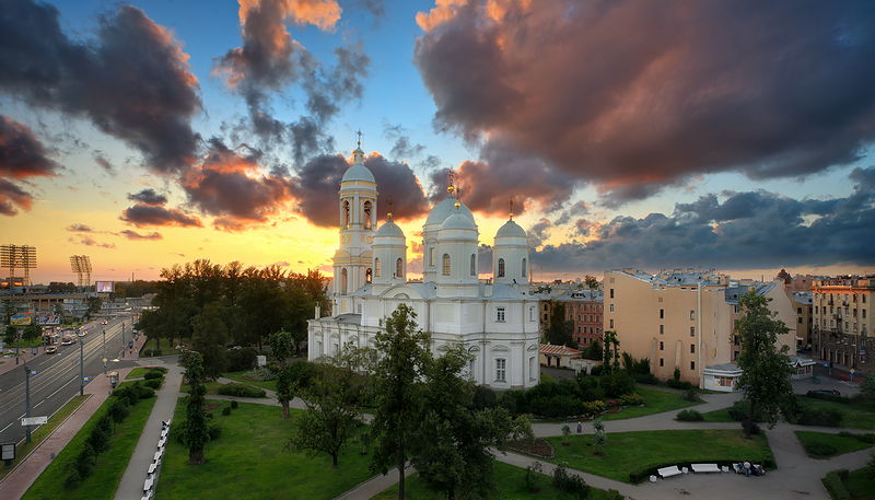 Prince Vladimir Cathedral and Prospekt Dobrolyubova in Saint-Petersburg, Russia