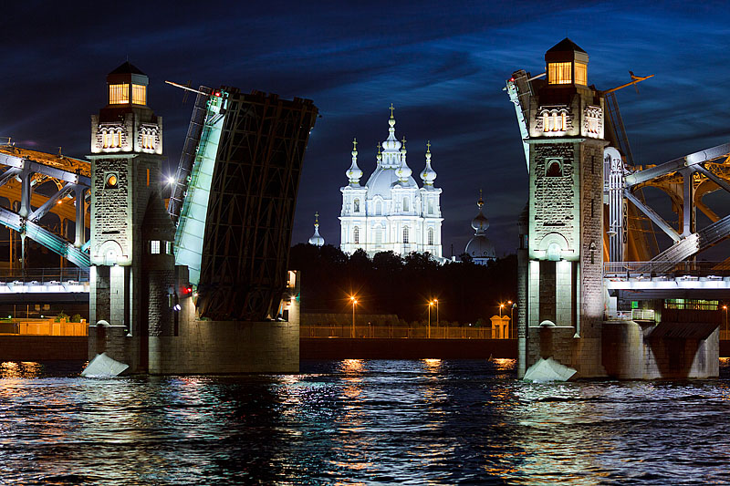 Smolny Cathedral and the Bolsheokhtinsky Bridge in Saint-Petersburg, Russia