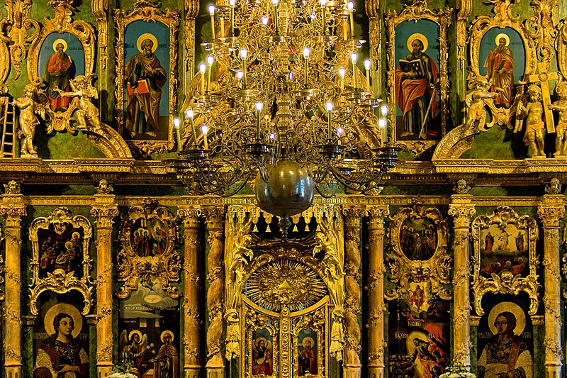 Carved gilded 18th century iconostasis in St Sampson Cathedral in St. Petersburg, Russia