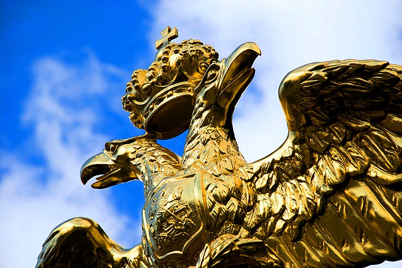 Imperial two-headed eagle on the wrought-iron fence of the Transfiguration Cathedral in St Petersburg, Russia