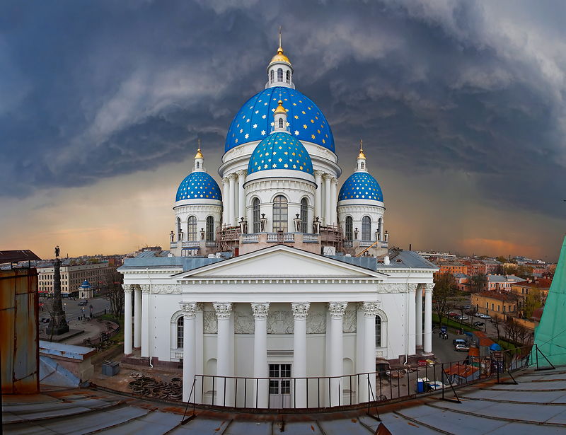 View of Trinity Izmailovskiy Cathedral from the roof of a neighboring building in St Petersburg, Russia