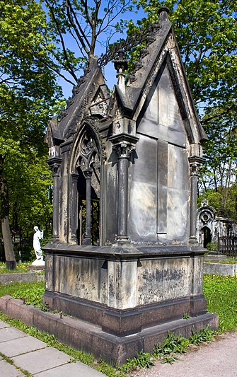 Gothic-style tombstone at Novodevichye Cemetery in Saint-Petersburg, Russia