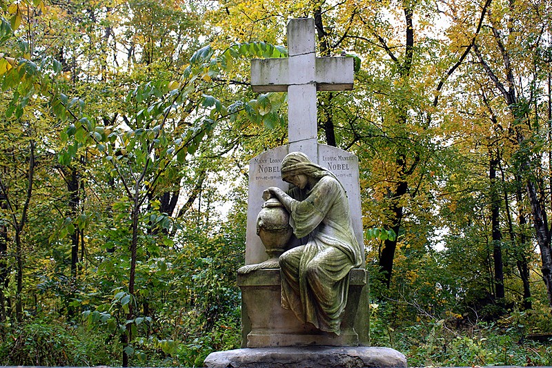 Tombstones of the Nobel family at Smolenskoye Lutheran Cemetery in St Petersburg, Russia