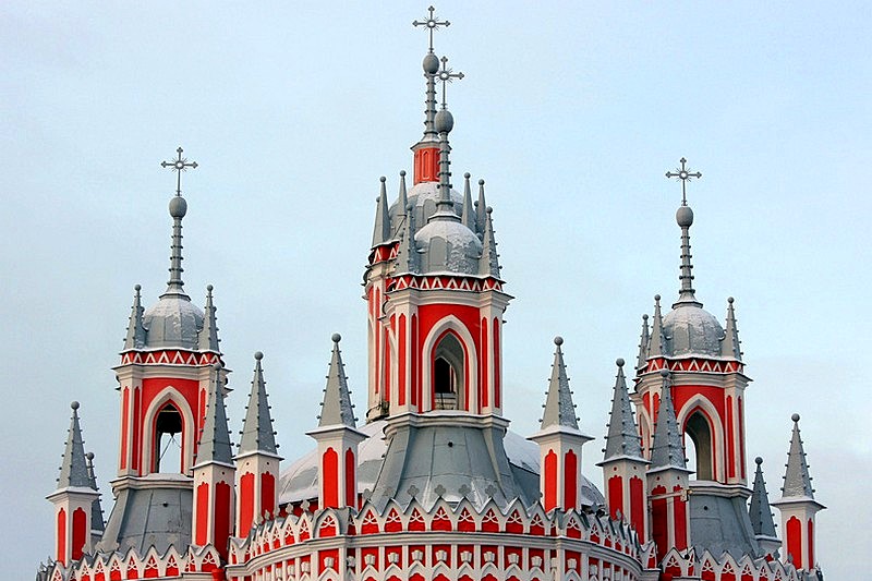 Neogothic domes of Chesme Church in St Petersburg, Russia