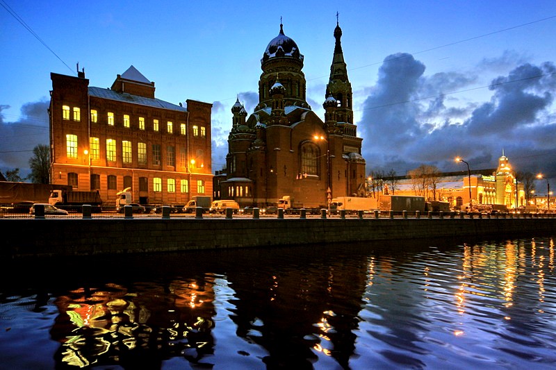 Evening view of the Church of the Resurrection of Christ near the old Warsaw Railway Station in St Petersburg, Russia