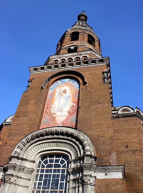 Icon on the facade of the Church of the Resurrection of Christ near the old Warsaw Railway Station in St Petersburg, Russia