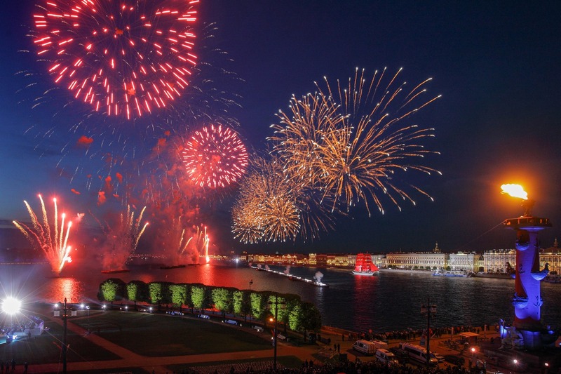 Fireworks over Neva River during the Scarlet Sails festival in St. Petersburg, Russia