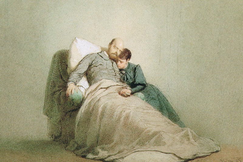 Pencil and watercolor on cardboard. 1895. State Hermitage Museum The body of Tsar Alexander III in his chair with Empress Maria Fedorovna alongside (from the album Death of Alexander III in Livonia)
