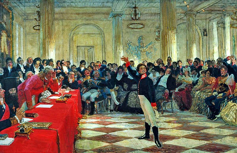 Alexander Sergeyevich Pushkin recites his poem before Gavrila Derzhavin during the Tsarskoye Selo Lyceum exam on January 8th, 1815