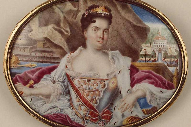 Miniature on enamel. 1724. State Hermitage Museum Catherine I in front of the Catherine Palace in St. Petersburg