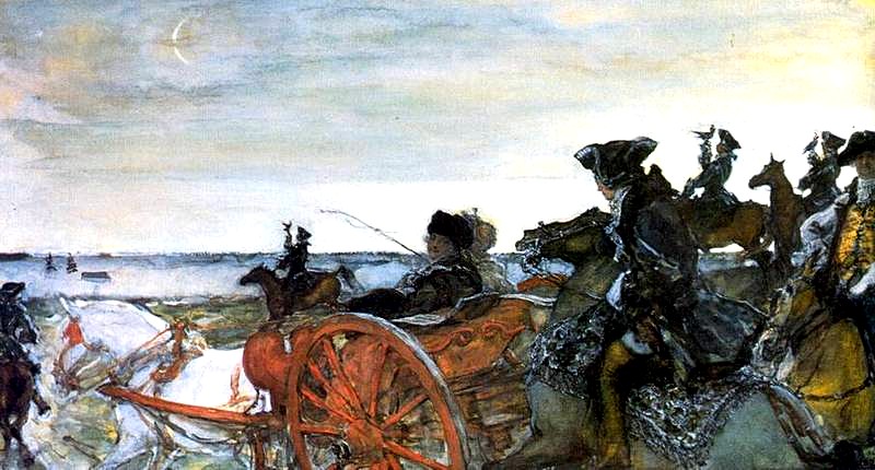 Tempera on cardboard. 1902. State Russian Museum Catherine II setting out to hunt with falcons