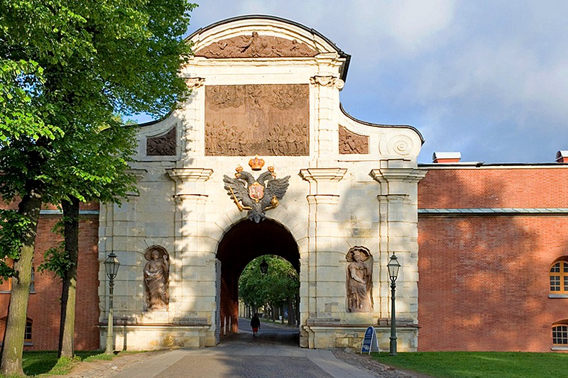 St. Peter's Gate (Petrovskiye Vorota) at the Peter and Paul Fortress, designed by Trezzini in Saint-Petersburg, Russia