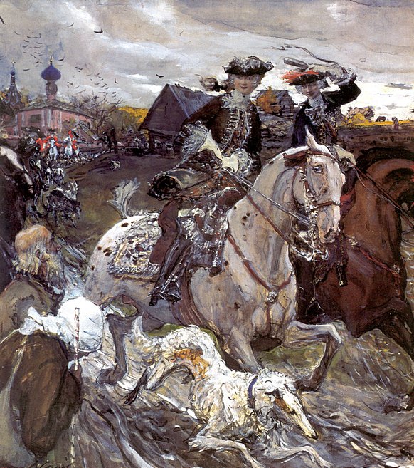 Emperor Peter II and Tsesarevna Elizaveta riding to hounds