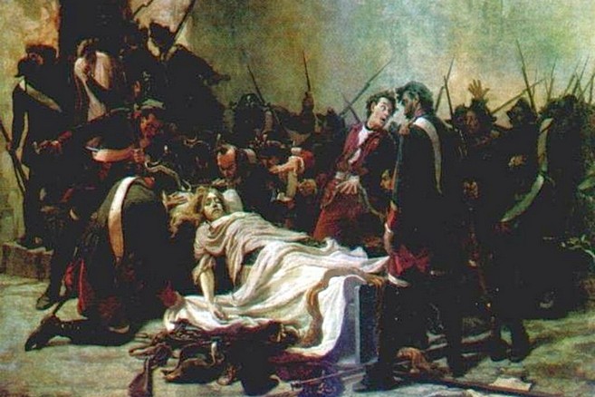 Lieutenant Vasiliy Mirovich standing over the body of Ivan VI 5 July 1764 in Shlisselburg Fortress