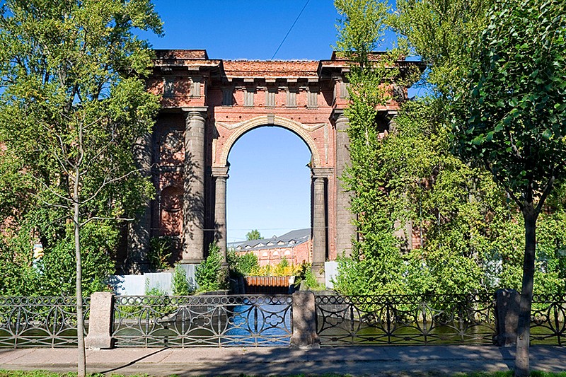 Splendid arch of the New Holland complex designed by Vallin de la Mothe in Saint-Petersburg, Russia