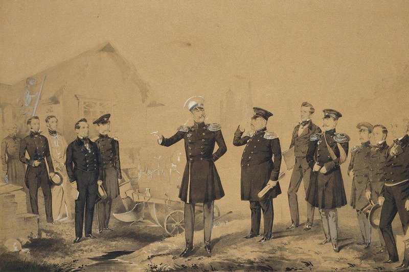 Ink and watercolor on paper. 1853. State Hermitage Museum Nicholas I at a construction site