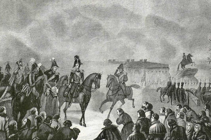 Engraving. 1908 The future Emperor Nicholas I on Senatskaya Ploshchad, 14 December 1825