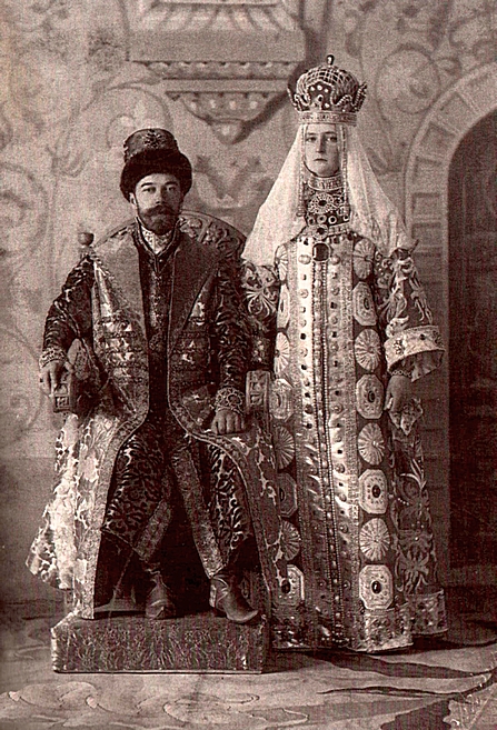 A postcard showing Nicholas II and Alexandra Fedorovna in traditional Russian dress at a costume ball