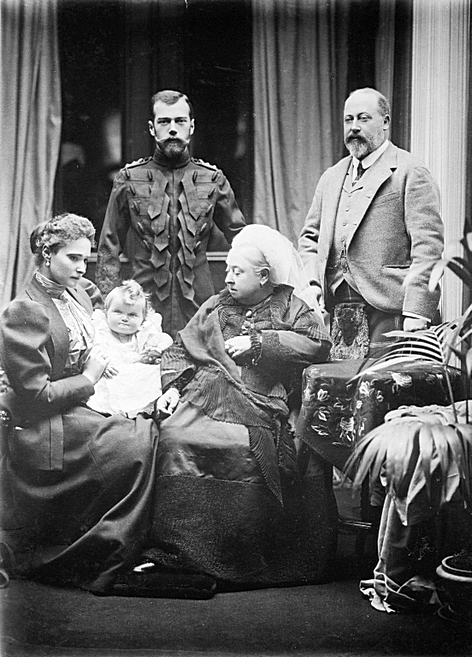 Queen Victoria, the Prince of Wales, Nicholas II, Alexandra Fedorovna and Grand Duchess Olga Nikolaevna in 1887