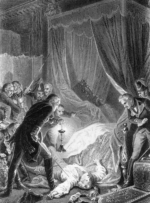Engraving from a drawing by Henri Félix Emmanuel Philippoteaux. From Adolphe Thiers, Histoire du Consulat et l'Empire, Paulin, Paris, 1845-1862 The murder of Tsar Paul I of Russia, March 1801