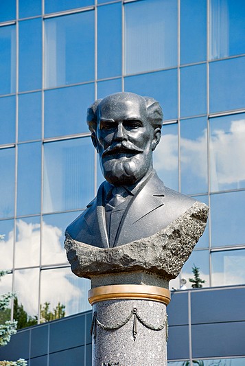 Monument to Carl Faberge in front of a jewelry company in St Petersburg, Russia