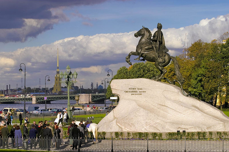 The Bronze Horseman. Monument to Peter the Great on Senatskaya Ploshchad. In the background is the Ss. Peter and Paul Cathedral, where Peter is buried in St. Petersburg, Russia