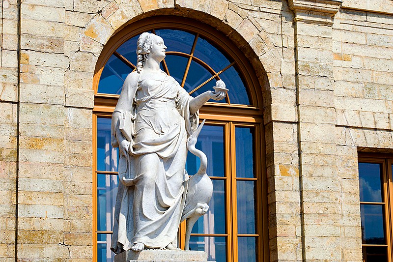 Sculpture of Justice in front of the Gatchina Palace in Gatchina, royal estate south of St Petersburg, Russia