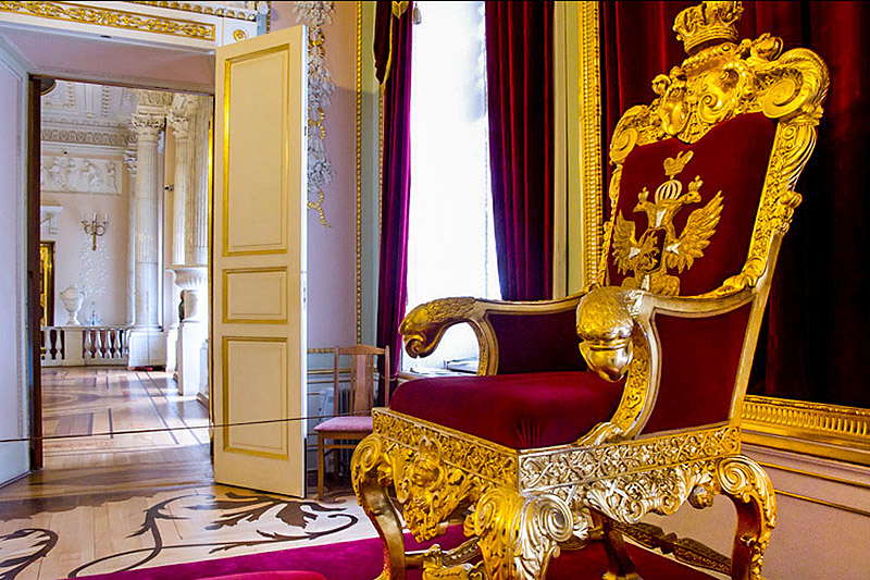 Throne of Emperor Paul I at Gatchina Palace in Gatchina, royal estate south of St Petersburg, Russia