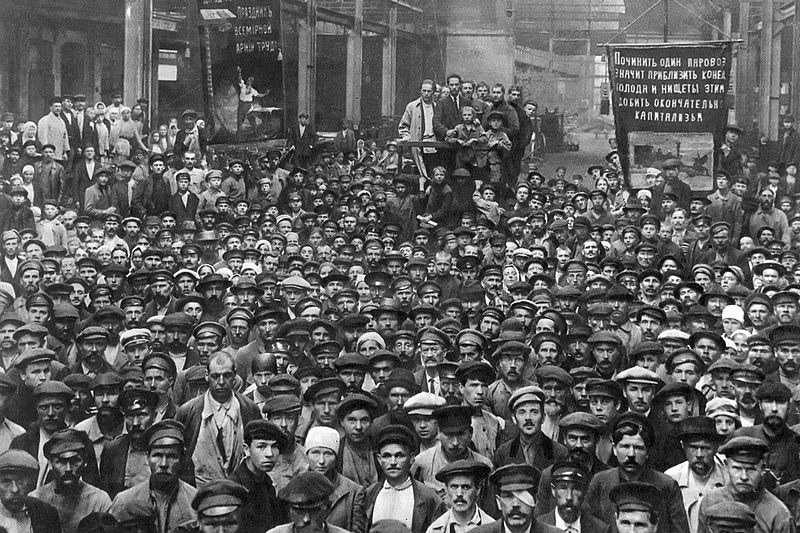 Gathering of workers from the Putilovskiy Factory for elections to the Petrograd Soviet in St. Petersburg, Russia