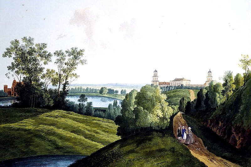 Landscape in Tsarskoye Selo Park with a view of the farm and Hermitage