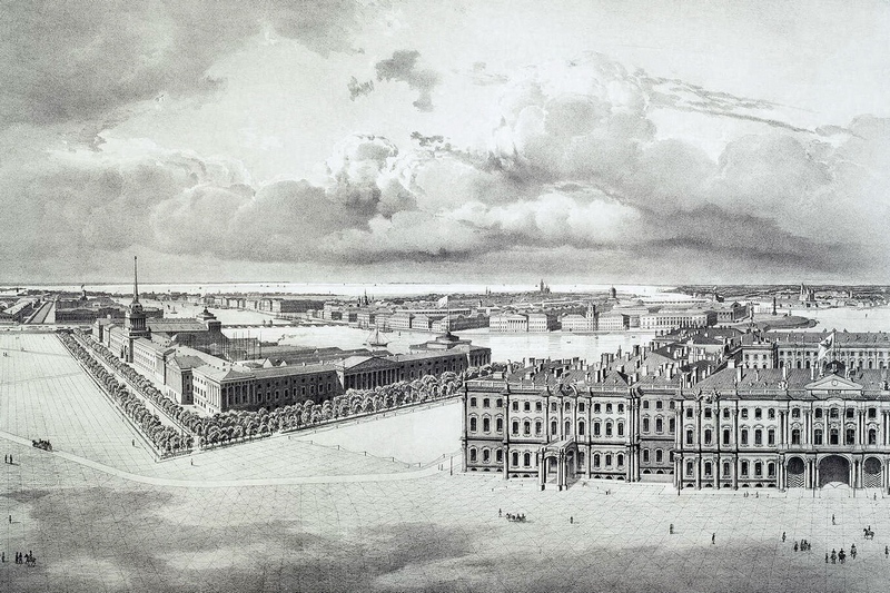 Part of the panorama of Palace Square, taken from scaffolding on the Alexander Column: the Admiralty in St. Petersburg, Russia