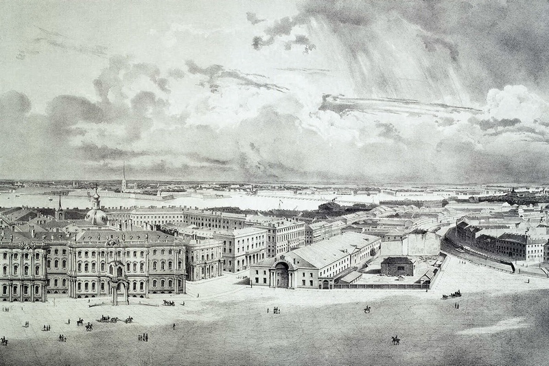 Part of the panorama of Palace Square, taken from scaffolding on the Alexander Column: the Winter Palace in St. Petersburg, Russia