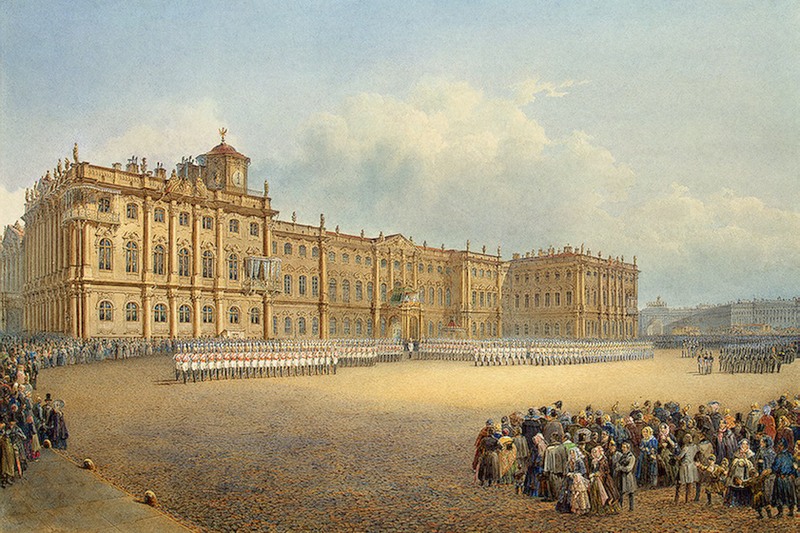 View of the Winter Palace from the Admiralty. Changing of the guard in St. Petersburg, Russia