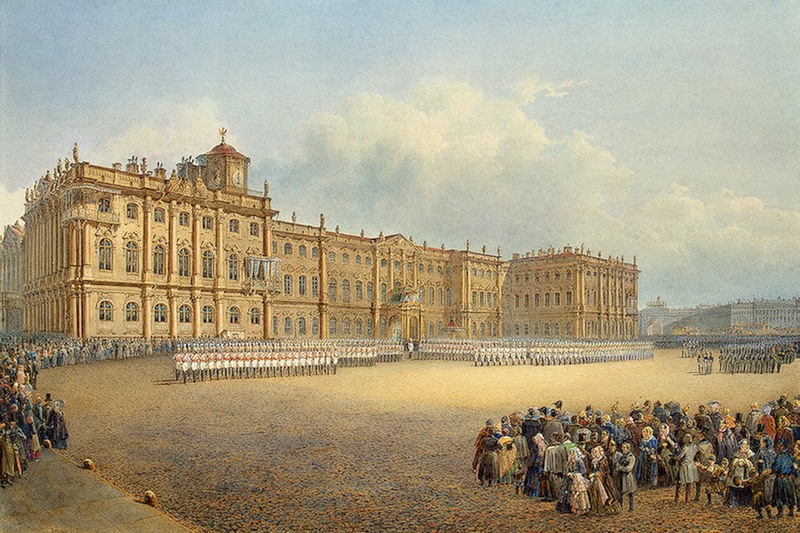 Watercolour. 1830s. View of the Winter Palace from the Admiralty. Changing of the guard in St. Petersburg, Russia