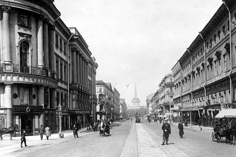 View of Nevsky Prospekt from the Police Bridge to the Admiralty. Summer 1901 in St. Petersburg, Russia