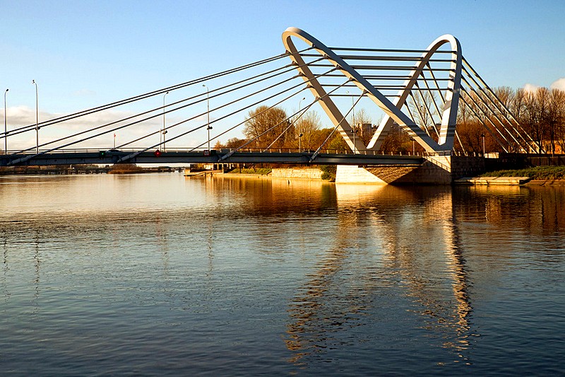 Lazarevskiy Suspension Bridge connecting Krestovsky and Petrogradsky Islands in St Petersburg, Russia