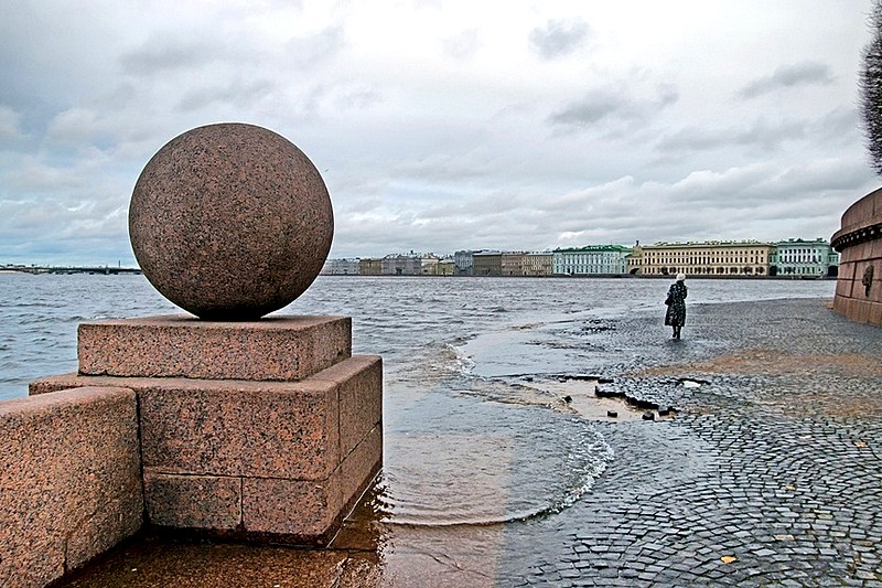 Flood on Vasilyevsky Island in St Petersburg, Russia