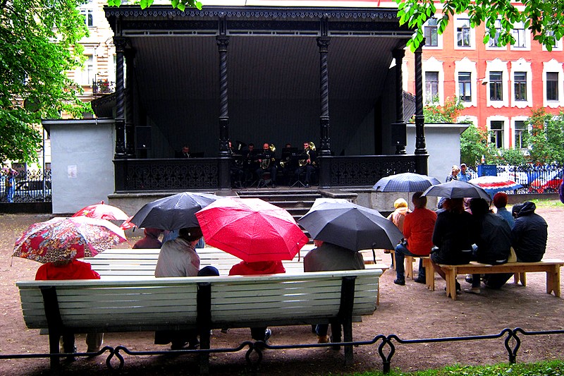 Brass band performing in Rumyantsev Garden on Vasilyevsky Island in St Petersburg, Russia