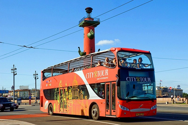 Tour bus at the Spit of Vasilyevsky Island in Saint-Petersburg, Russia