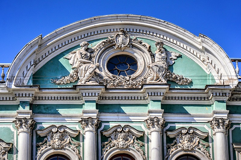 Rich Neo-Baroque decorationations on the Buturlina Mansion in Saint-Petersburg, Russia