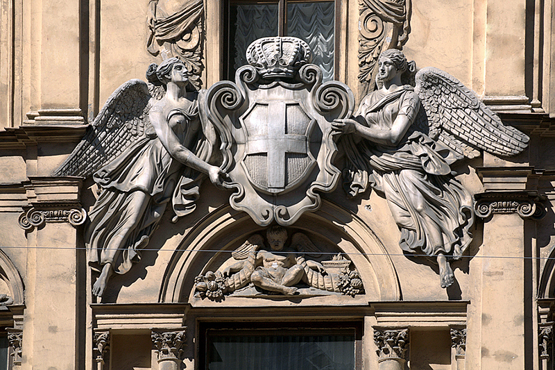 Demidov coat of arms on the facade of their mansion in St Petersburg, Russia