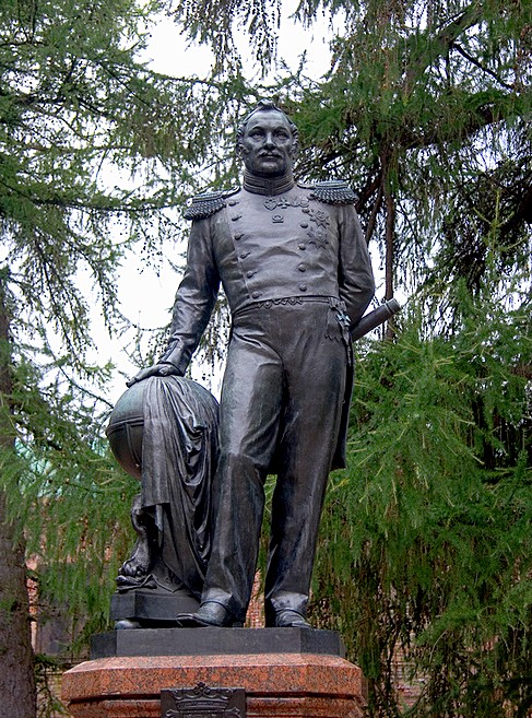 Monument to Admiral von Bellingshausen (explorer) in Kronshtadt near St Petersburg, Russia
